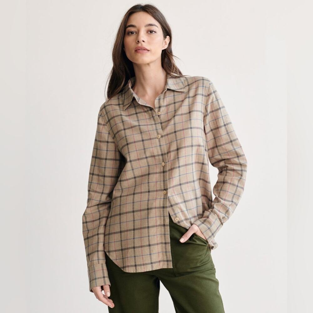 Jenni Kayne Lightweight Button Down Flannel in Taupe Plaid Size Medium